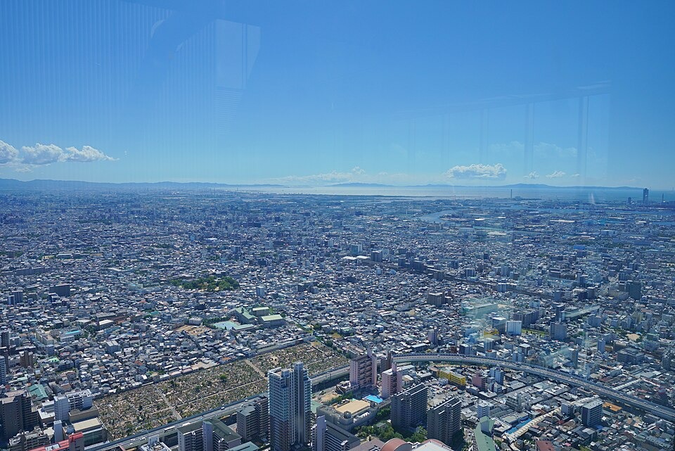 A wide daytime view over Osaka toward the southwest from Abeno Harukas