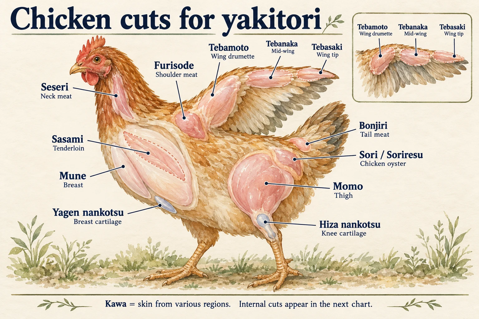 Ilustrasi ayam dengan nama menu romanisasi dan label bahasa Inggris untuk 12 bagian tubuh termasuk daging bahu, tiram ayam, tiga ruas sayap, dan dua jenis tulang rawan