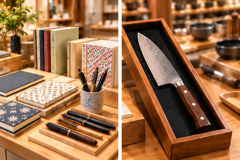 Separate illustrations of Japanese stationery and a kitchen knife in a presentation tray