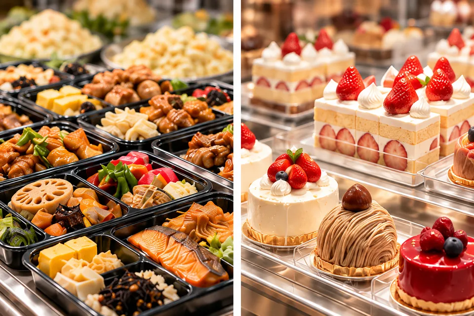 Separate illustrations of savory deli foods with softly blurred salads, and patisserie cakes