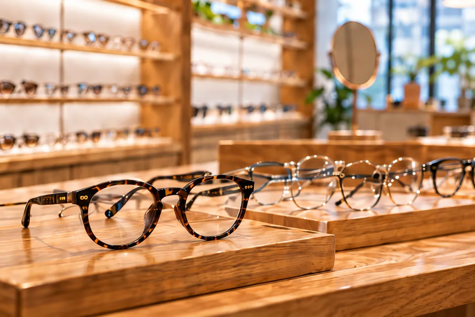 Illustration of eyeglasses on a warm wooden shop display