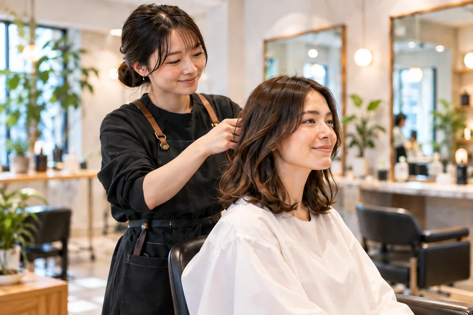 Illustration of a woman having her hair styled in a welcoming salon