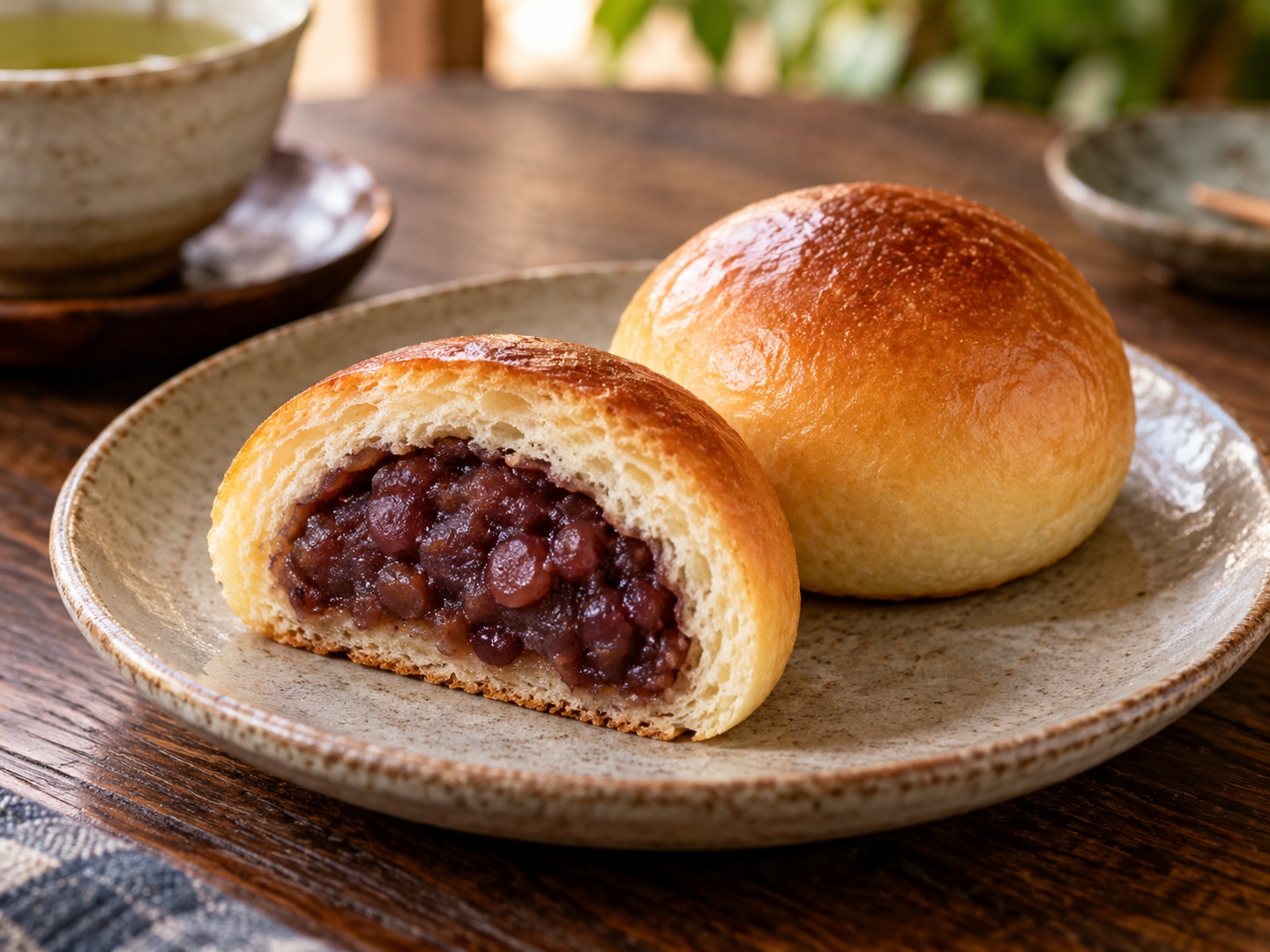 Illustration of golden round bread bun one cut open red bean paste