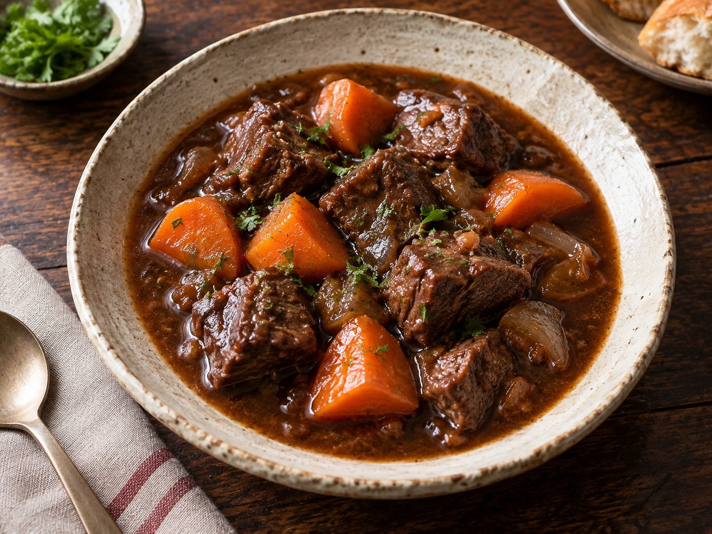 Illustration of slow cooked beef chunks carrot in dark glossy stew