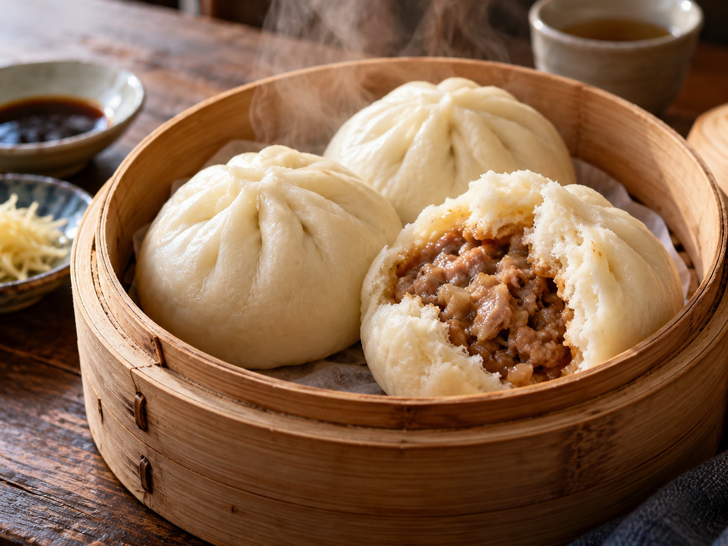 Illustration of fluffy steamed pork buns one torn open showing moist filling