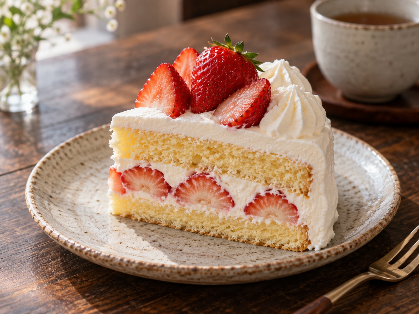 Illustration of Japanese strawberry shortcake slice airy sponge whipped cream strawberry