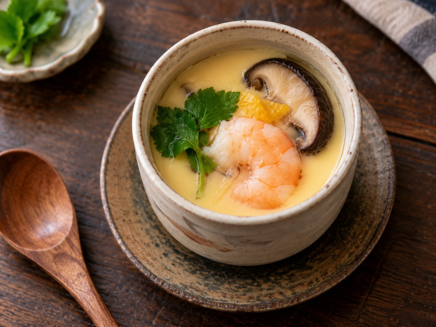 Illustration of savory steamed egg custard in lidless ceramic cup shrimp mushroom