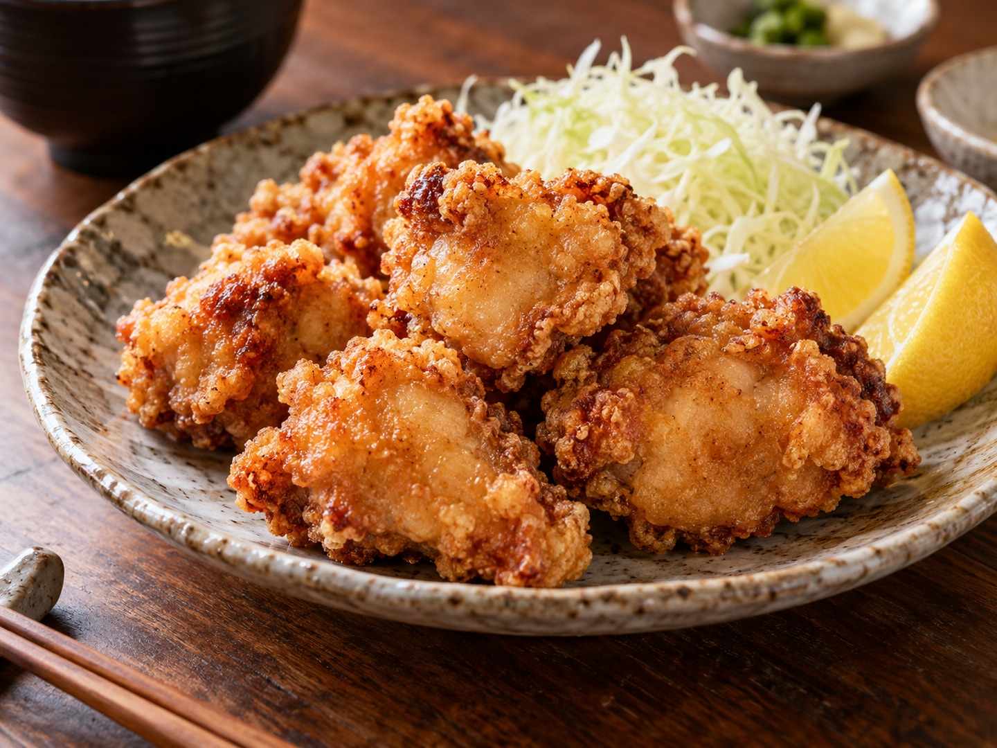 Illustration of irregular crisp golden Japanese fried chicken pieces with lemon