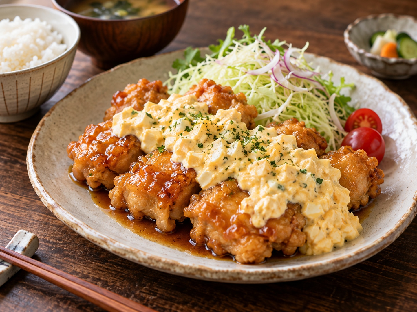 Illustration of fried chicken coated in sweet vinegar with chunky egg tartar sauce