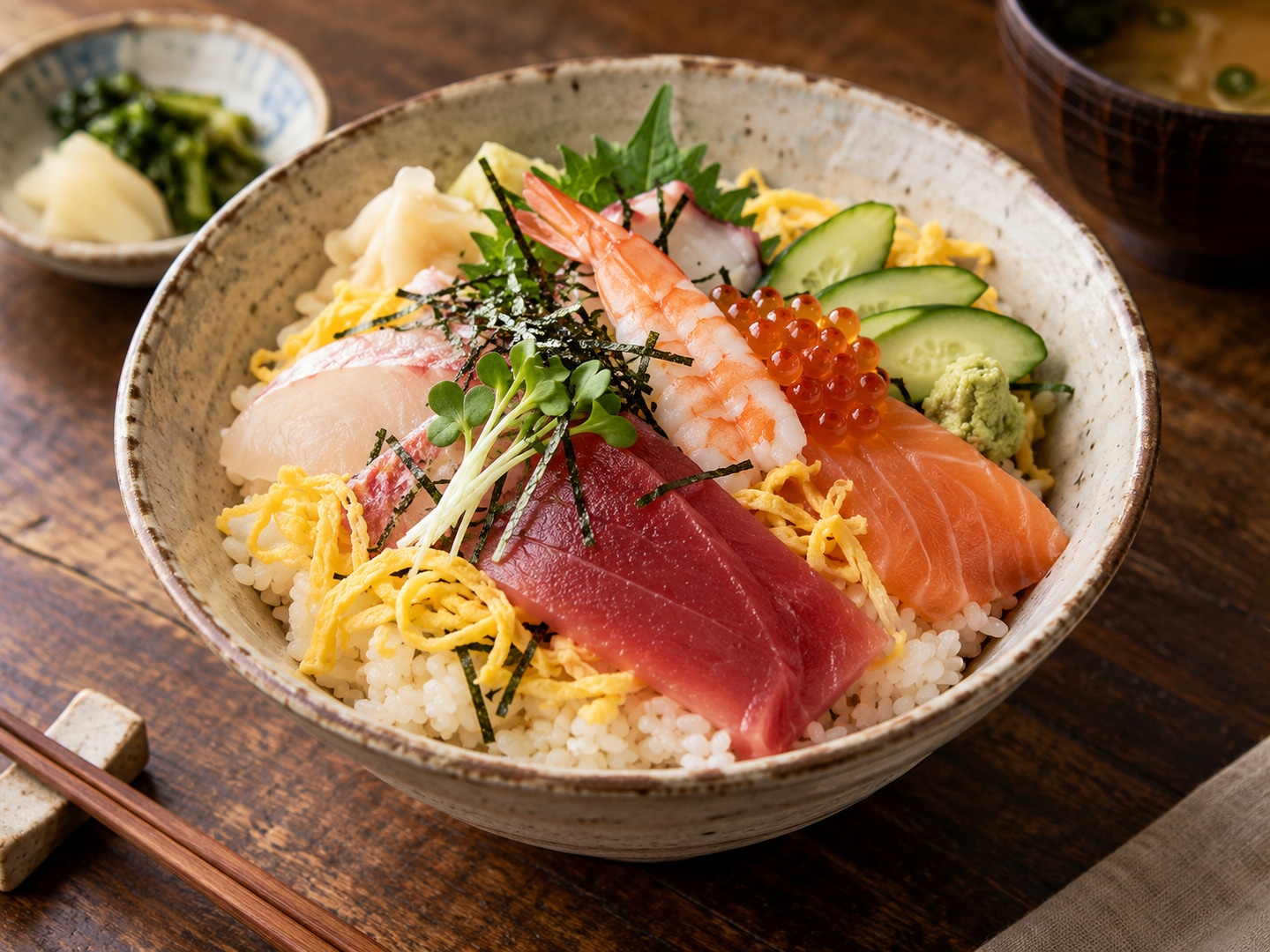 Illustration of bowl of sushi rice topped assorted sashimi cucumber shredded egg