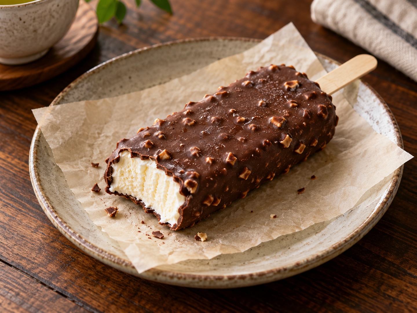 Illustration of chocolate coated vanilla ice cream bar bite exposing ice cream on parchment no packaging