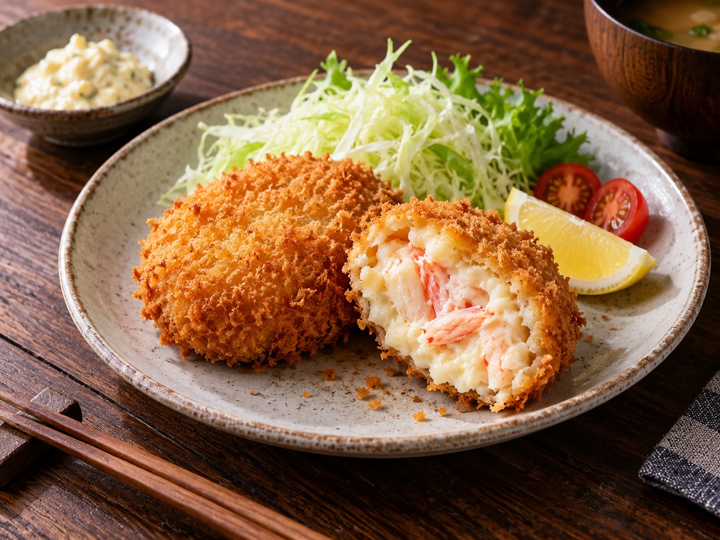 Illustration of two golden croquettes one cut open creamy crab filling
