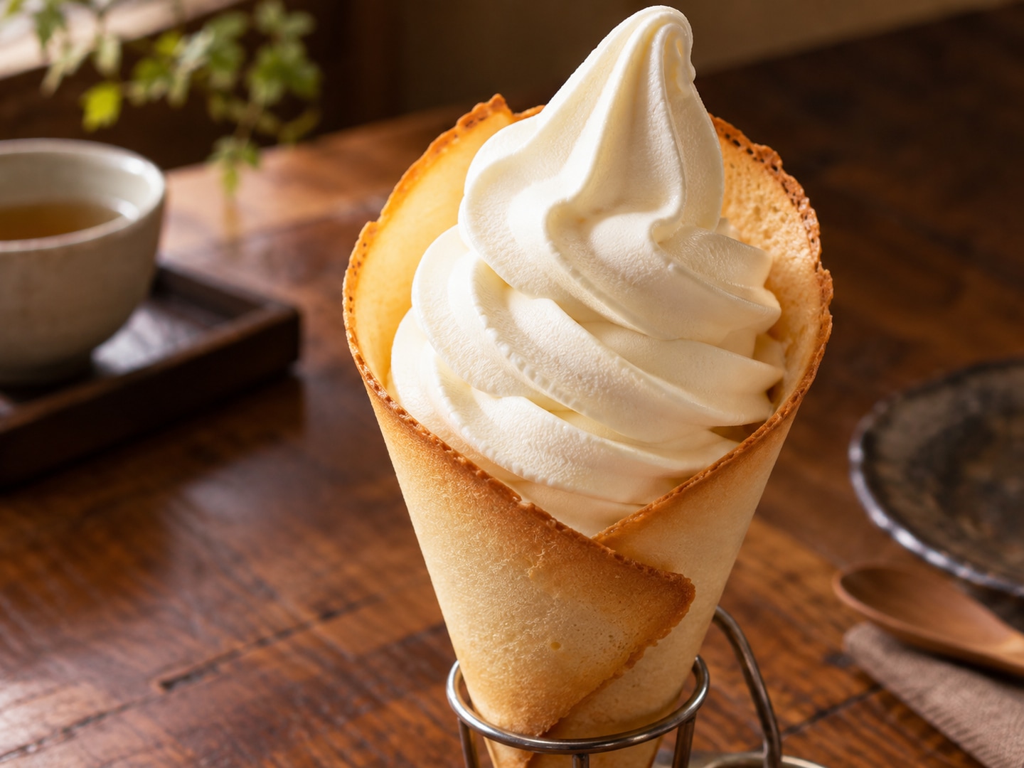 Illustration of rich ivory soft serve broad elegant folded ribbons in thin langue de chat cookie cone