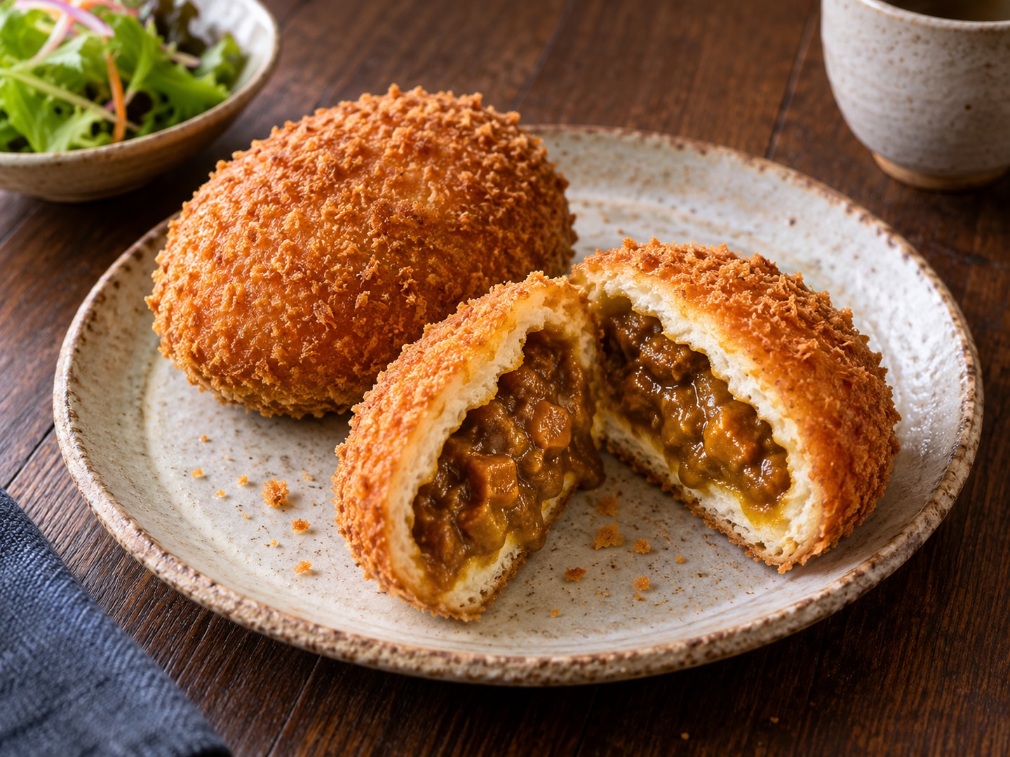 Illustration of golden breaded curry bun cut open rich curry filling