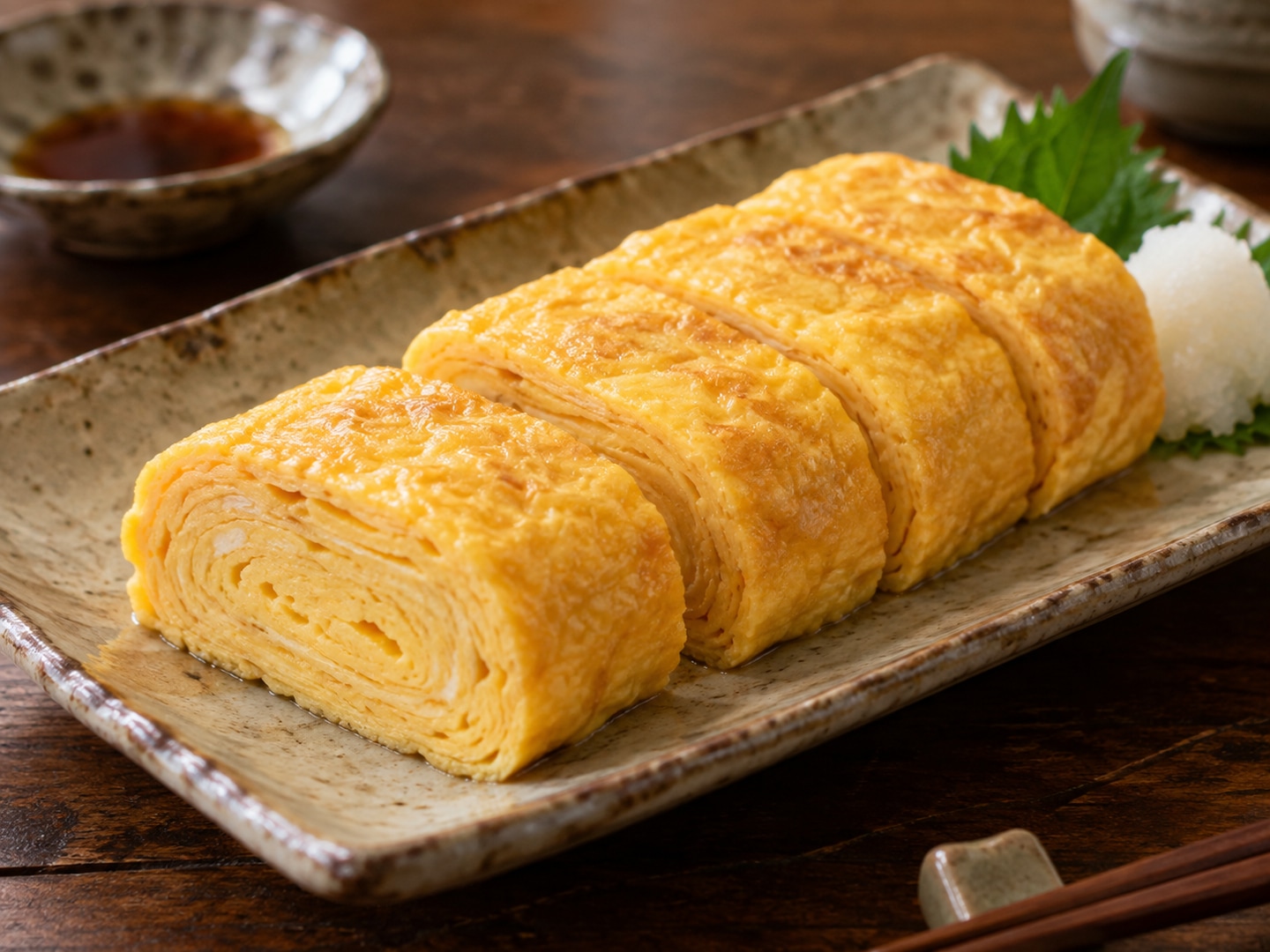 Illustration of soft golden Japanese rolled omelette sliced layers visible