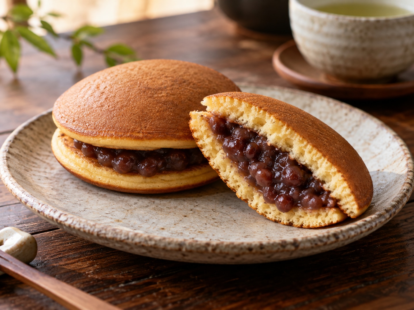 Illustration of two small pancake sandwiches one cut open red bean filling