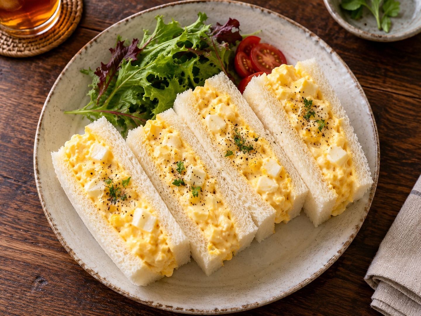 Illustration of crustless soft white bread sandwiches rich yellow egg salad