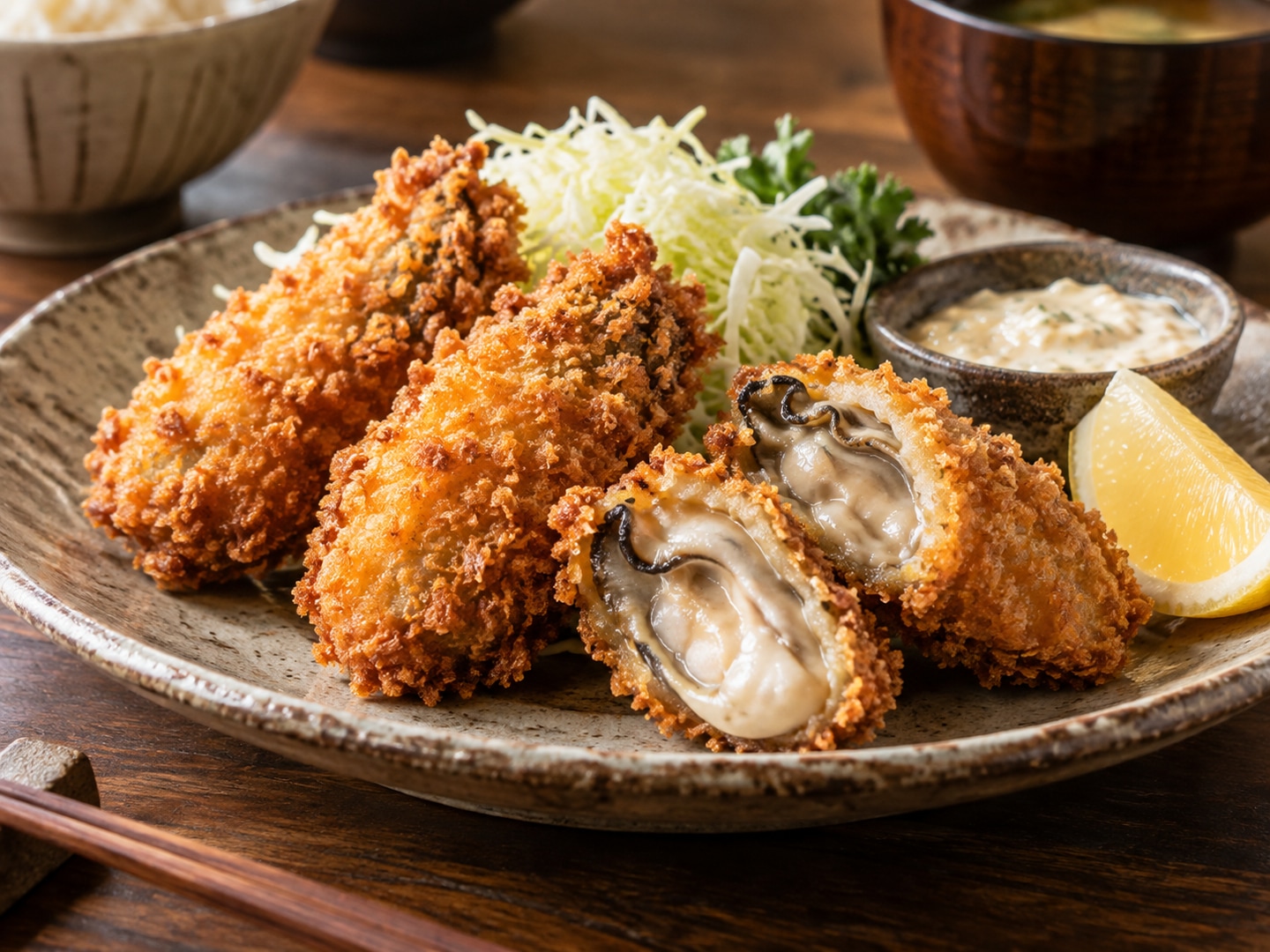 Illustration of breaded fried oysters one cut open juicy interior lemon