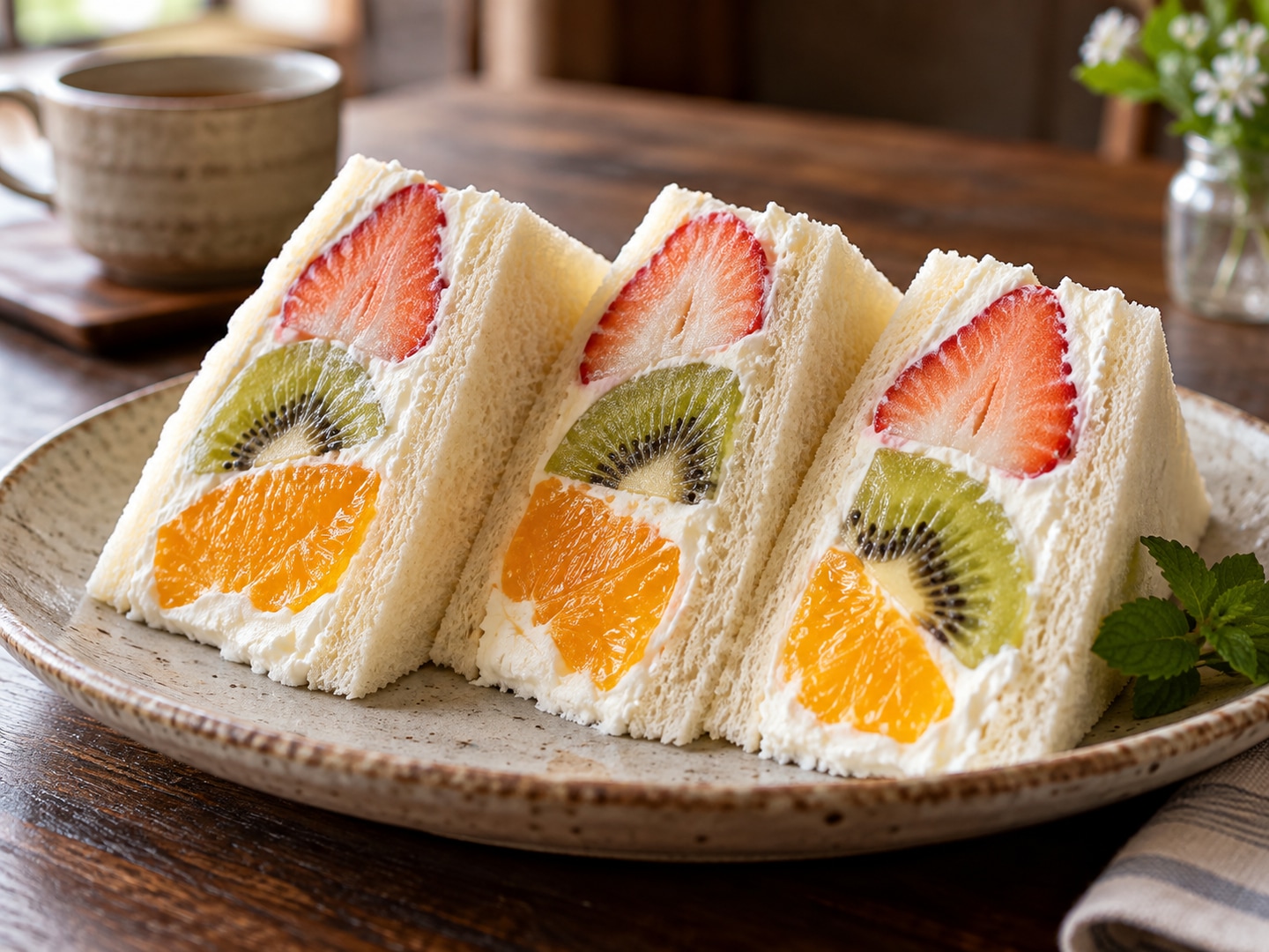 Illustration of Japanese white bread sandwiches with whipped cream strawberry kiwi orange cross sections
