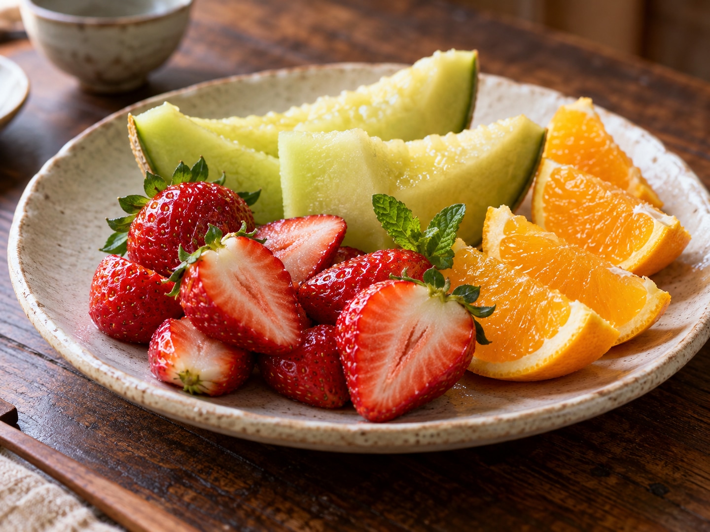 Illustration of ripe Japanese strawberries melon orange slices simple ceramic plate