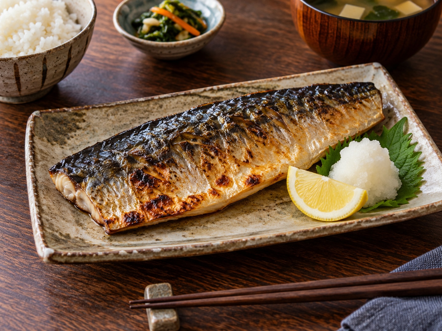 Illustration of grilled mackerel fillet crisp silvery charred skin lemon grated daikon