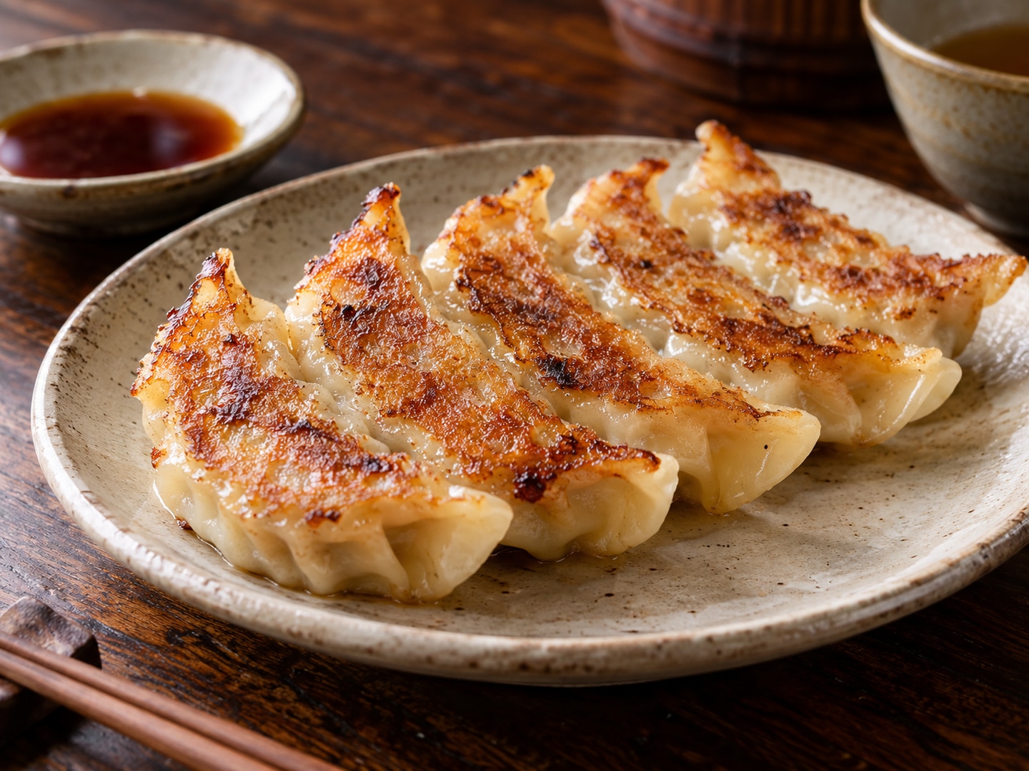 Illustration of pan fried gyoza golden crisp bottoms arranged crescent