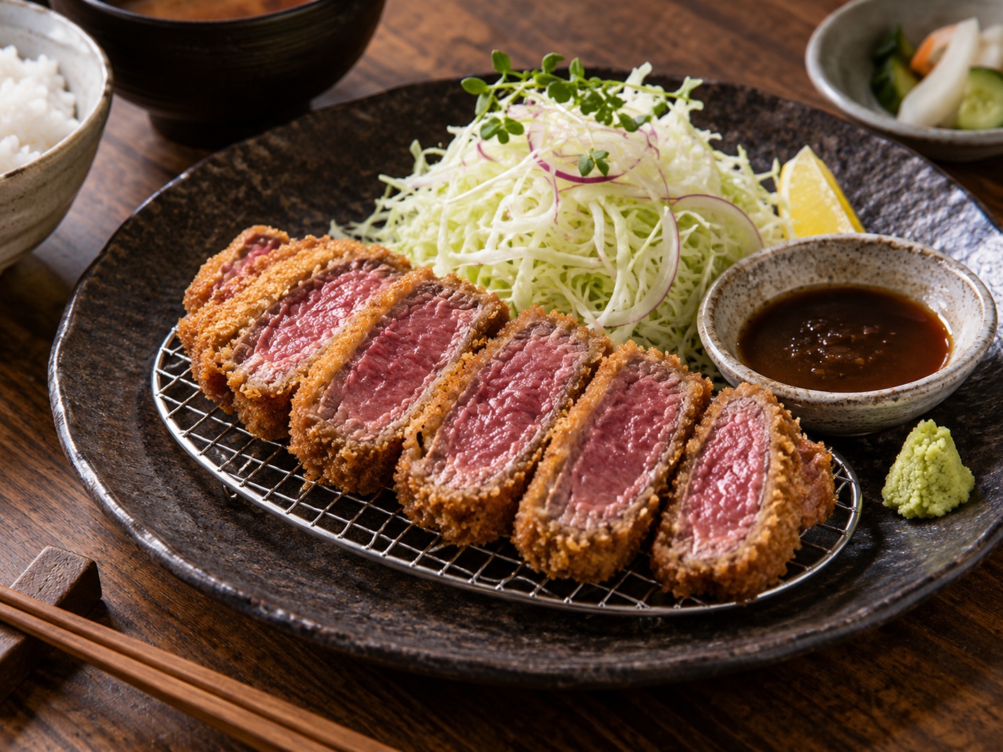 Illustration of breaded beef cutlet sliced showing rare red center on dark plate
