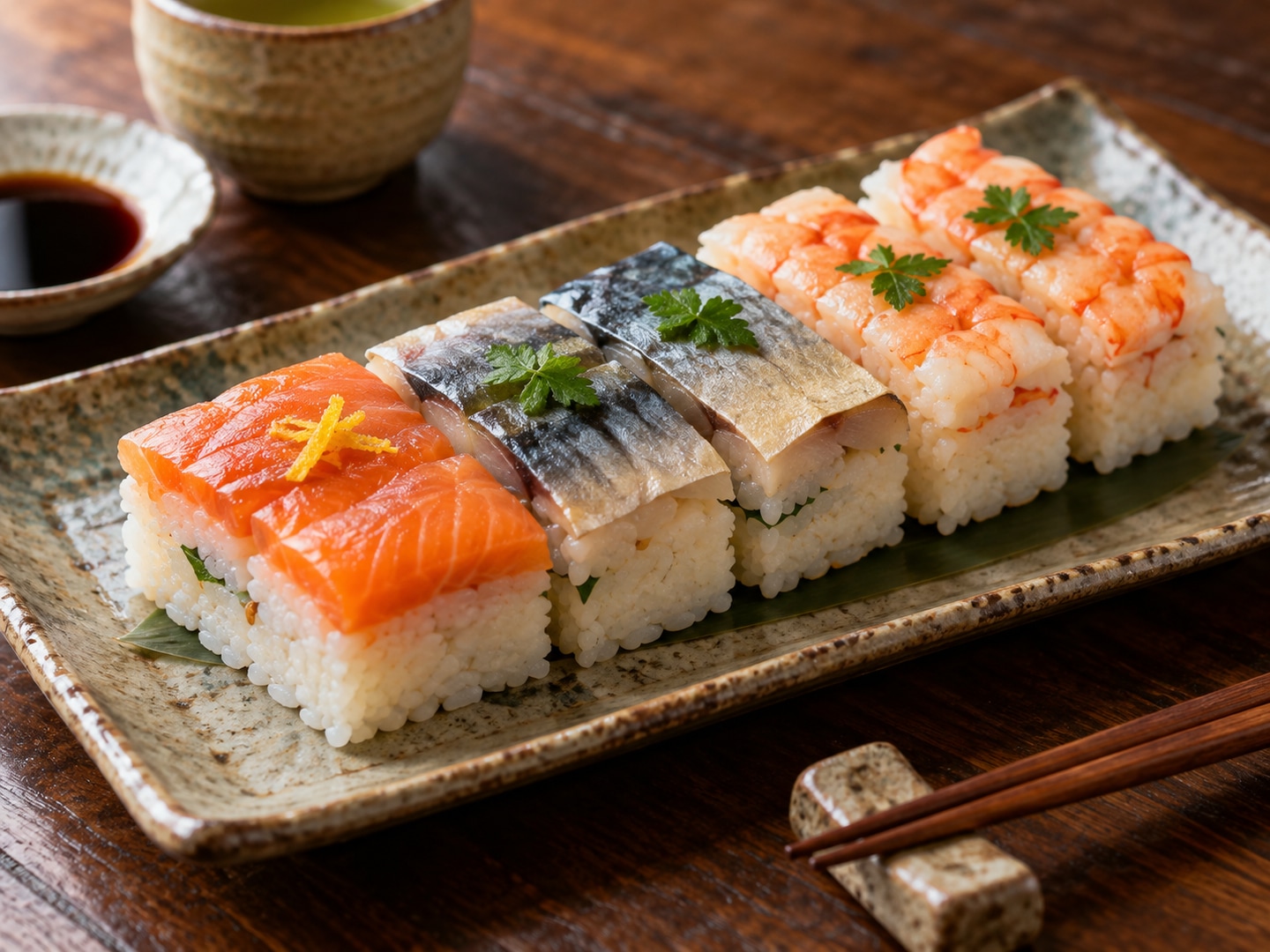 Illustration of rectangular Osaka pressed sushi salmon mackerel shrimp sliced blocks