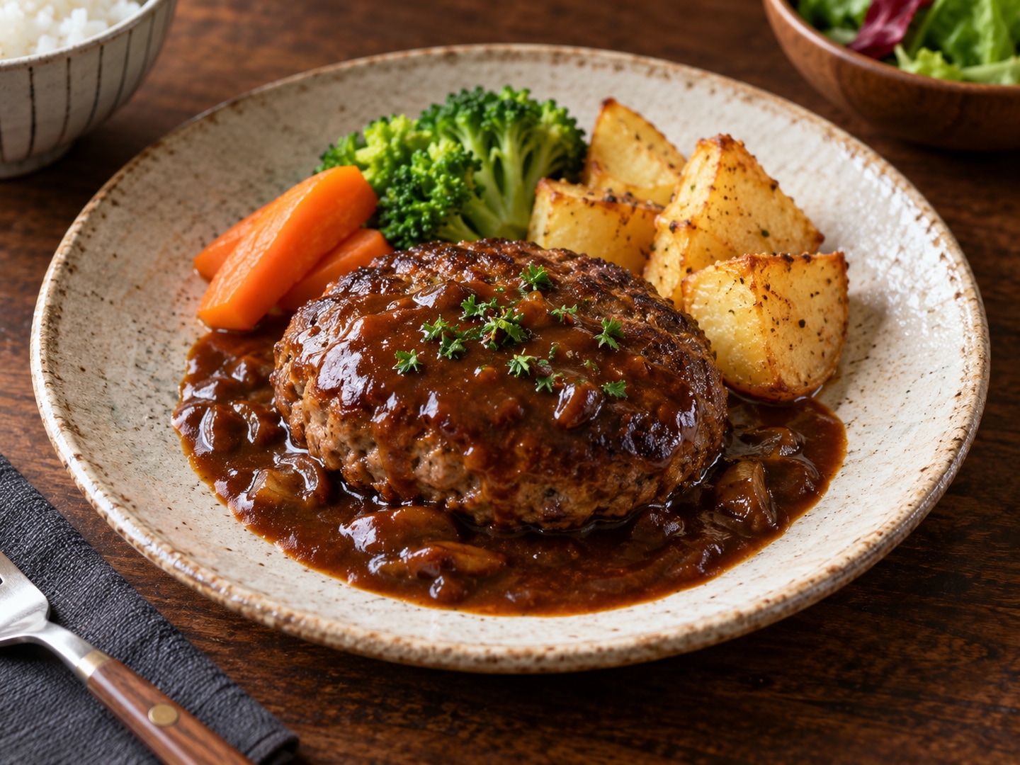 Illustration of Japanese hamburg beef patty juicy brown sauce potatoes