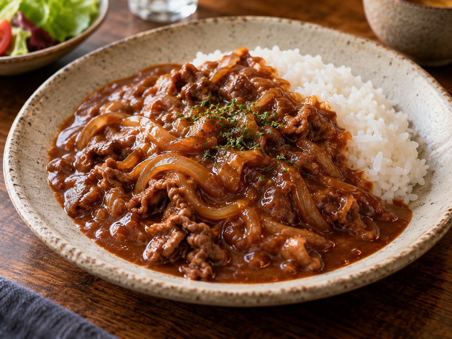 Hayashi rice with beef and onion sauce poured over white rice