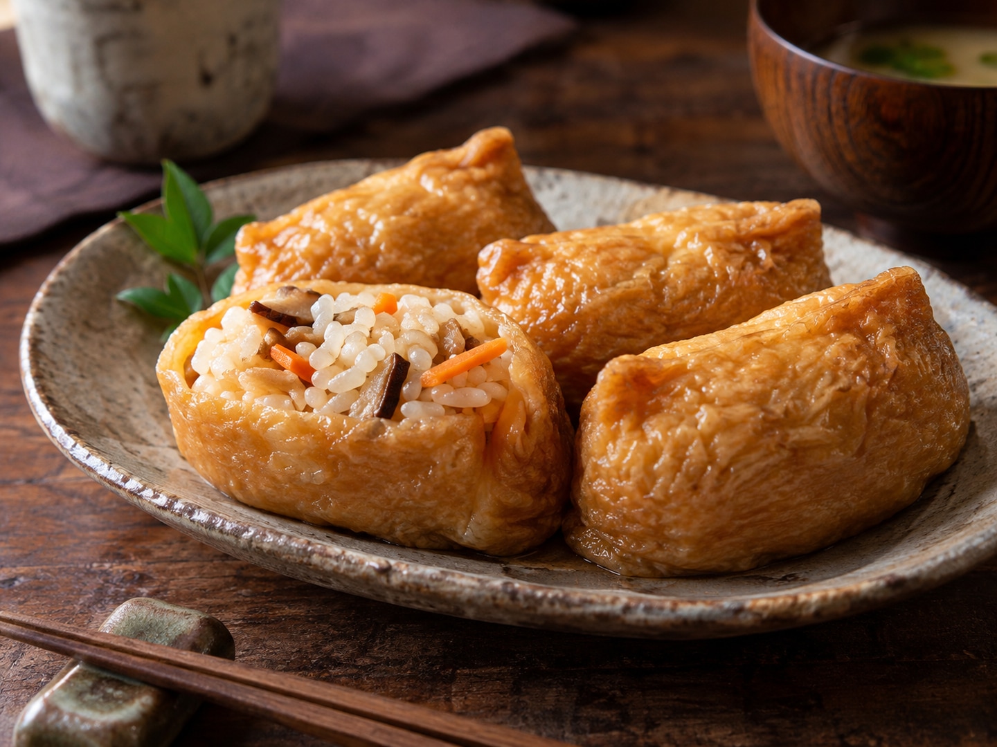 Illustration of golden wrinkled fried tofu pouches filled seasoned rice