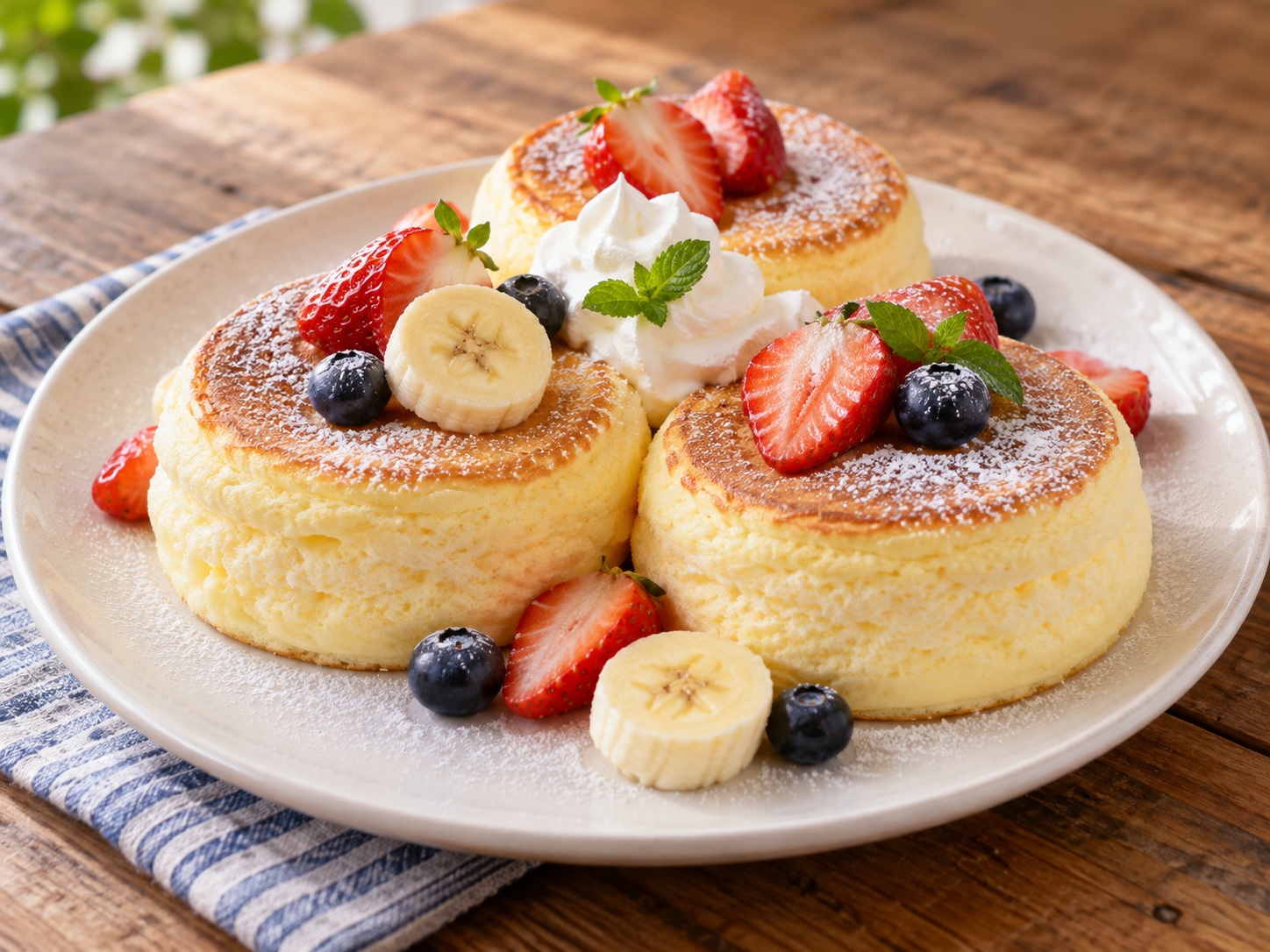 AI illustration of three thick fluffy Japanese souffle pancakes with whipped cream, strawberries, banana and blueberries