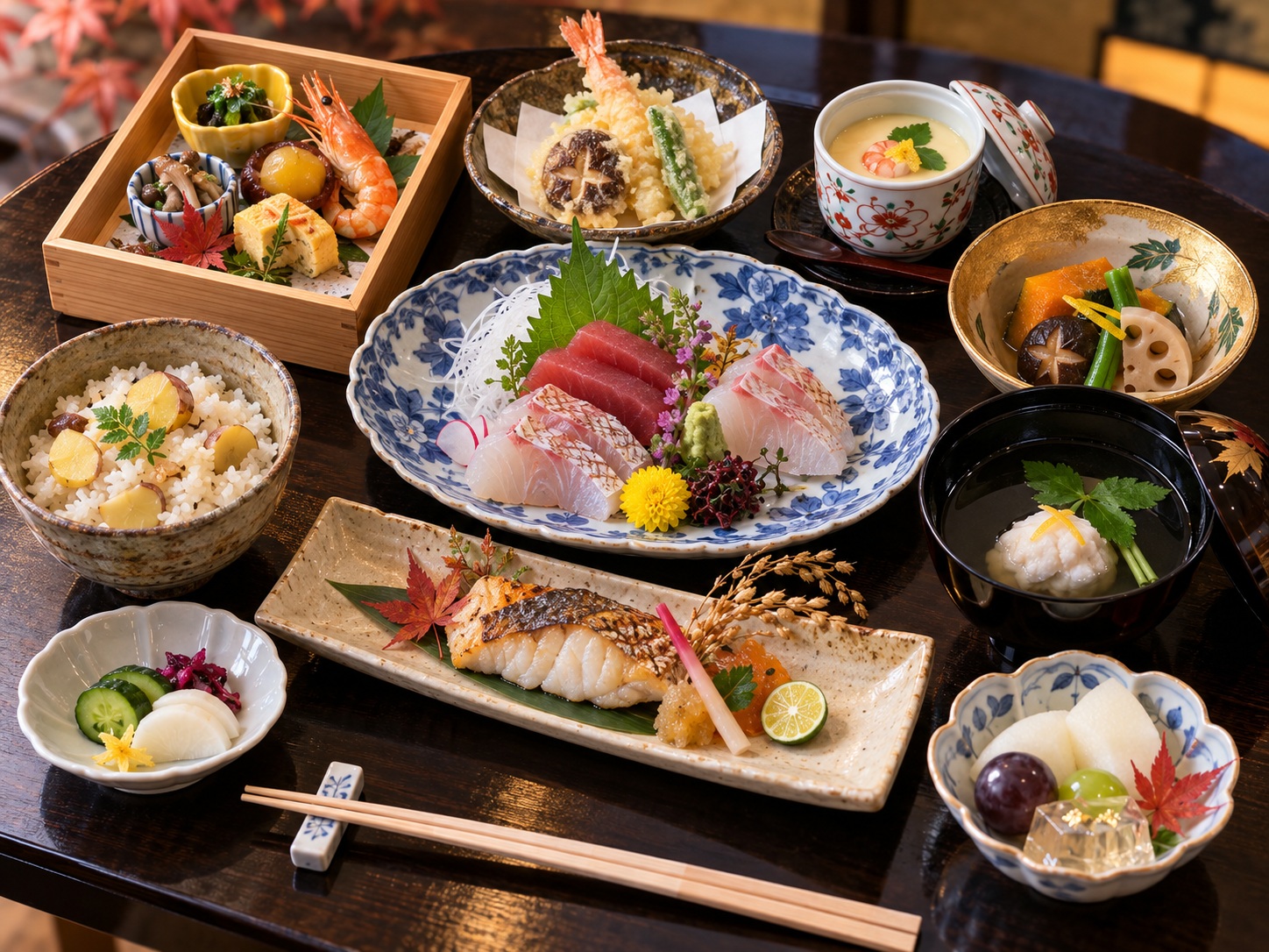 AI illustration of a full kaiseki course presentation with sashimi, grilled fish, seasonal appetizers, soup, simmered vegetables, tempura and dessert in varied Japanese tableware