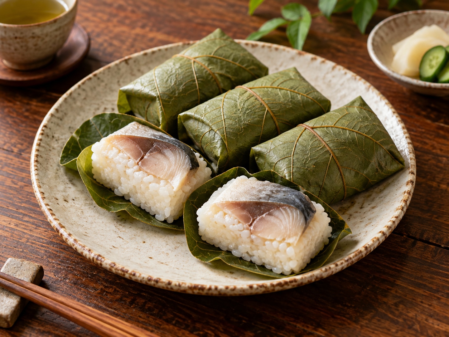 Illustration of persimmon leaf wrapped sushi some open showing pressed mackerel rice