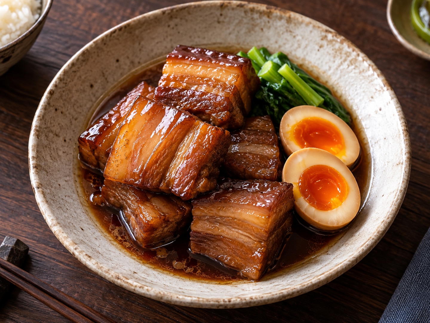 Illustration of tender braised pork belly cubes with layers of meat and translucent fat in soy glaze