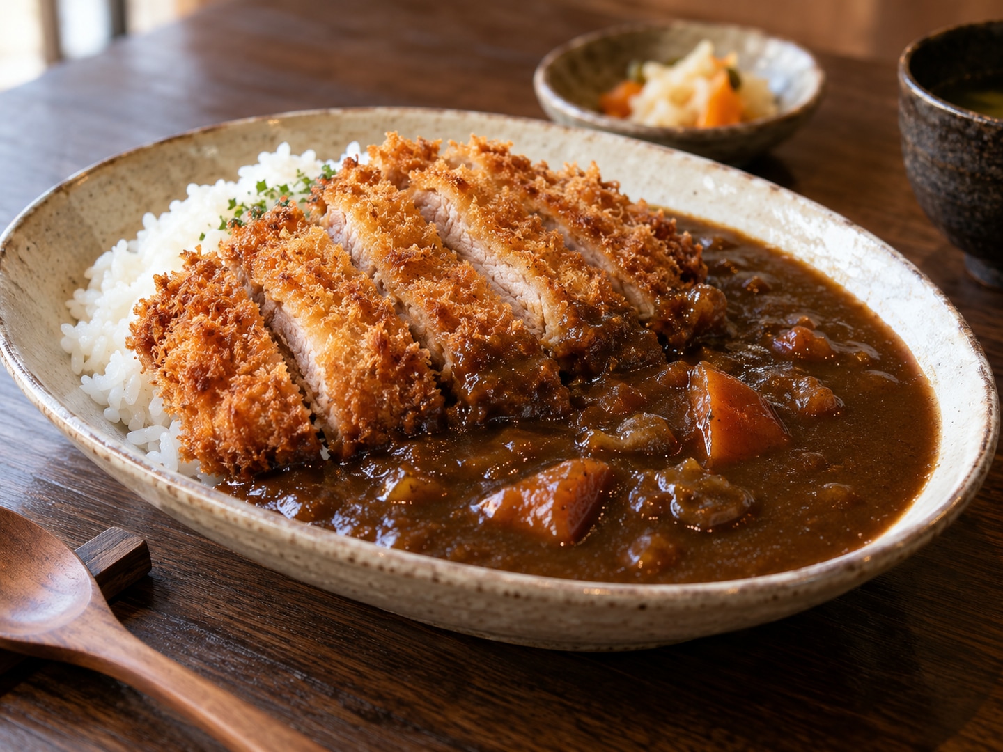Illustration of sliced breaded pork cutlet rice and dark Japanese curry on oval plate