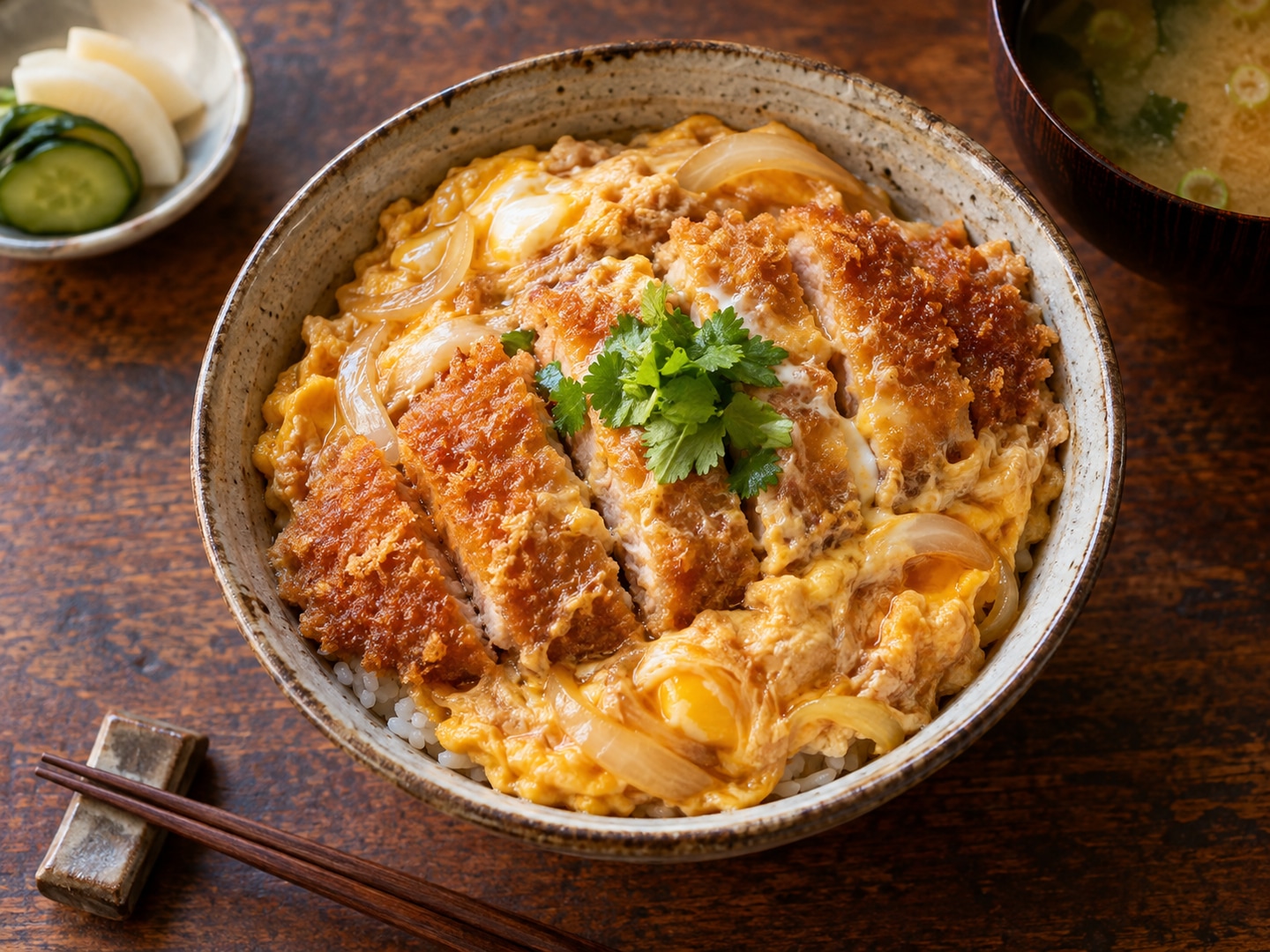 Illustration of rice bowl with sliced pork cutlet cooked in soft egg and onion
