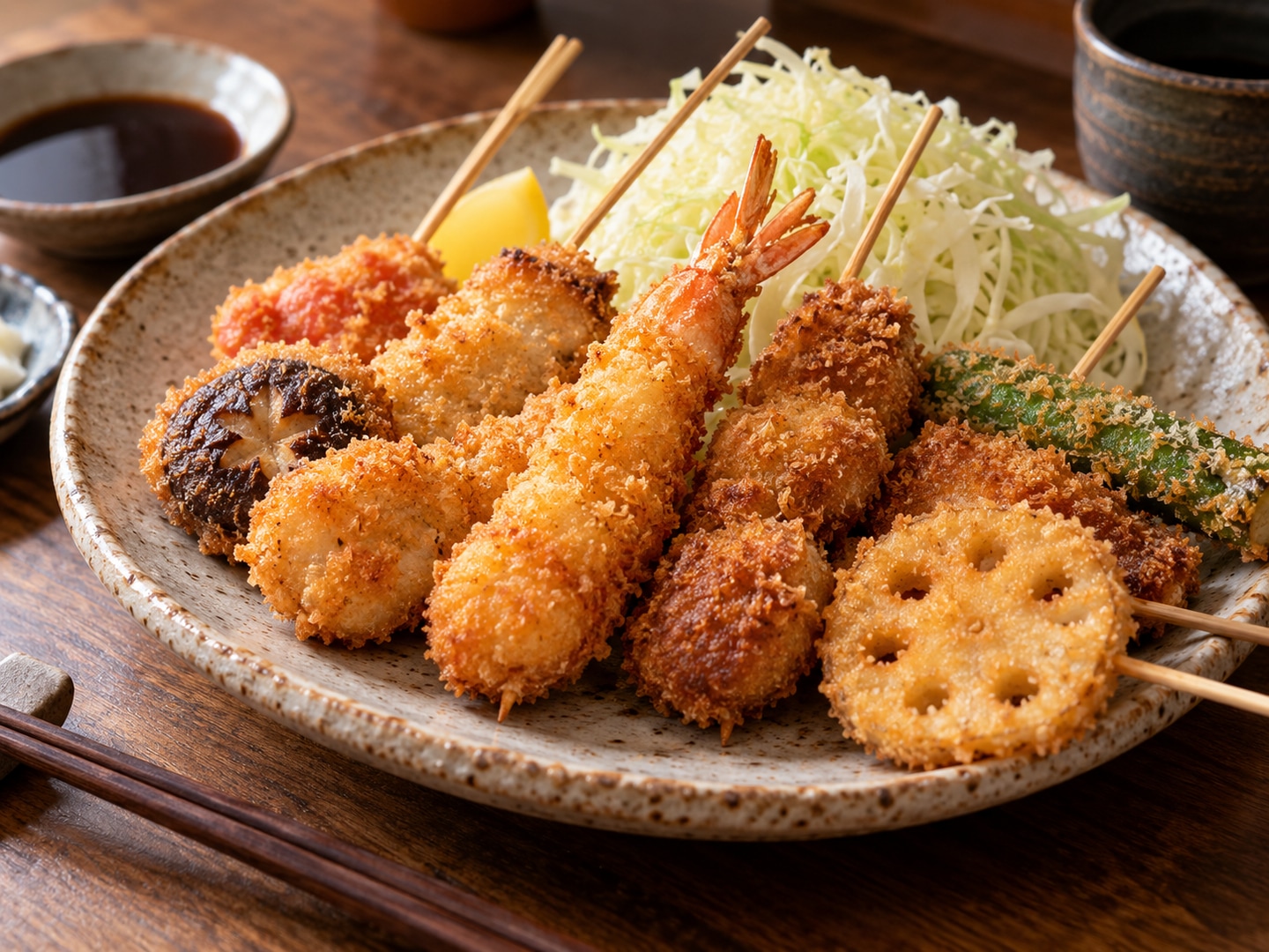 Illustration of various breaded meat vegetable skewers with golden crumbs cabbage