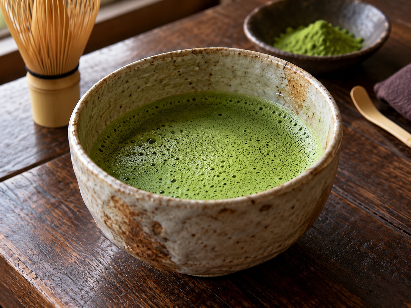 Illustration of freshly whisked green matcha with fine foam in handmade tea bowl