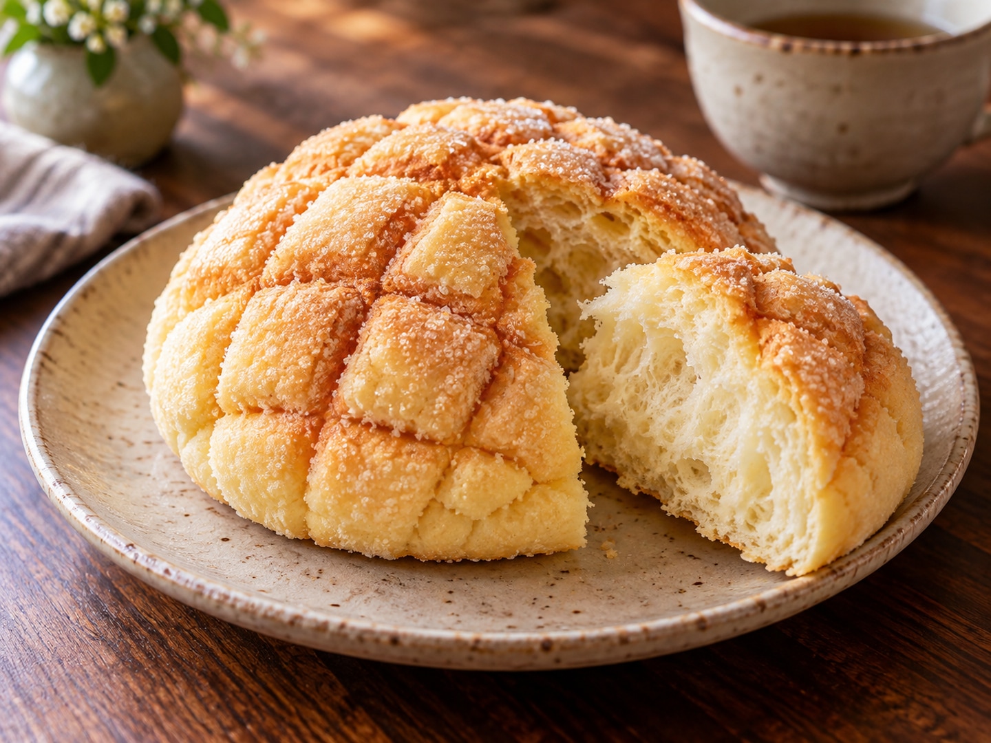 Illustration of round melon bread sugary cookie lattice crust cut showing fluff