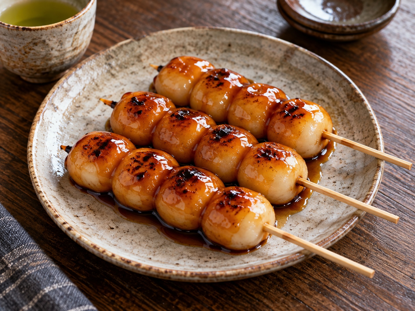 Illustration of three skewers of round rice dumplings amber soy sugar glaze