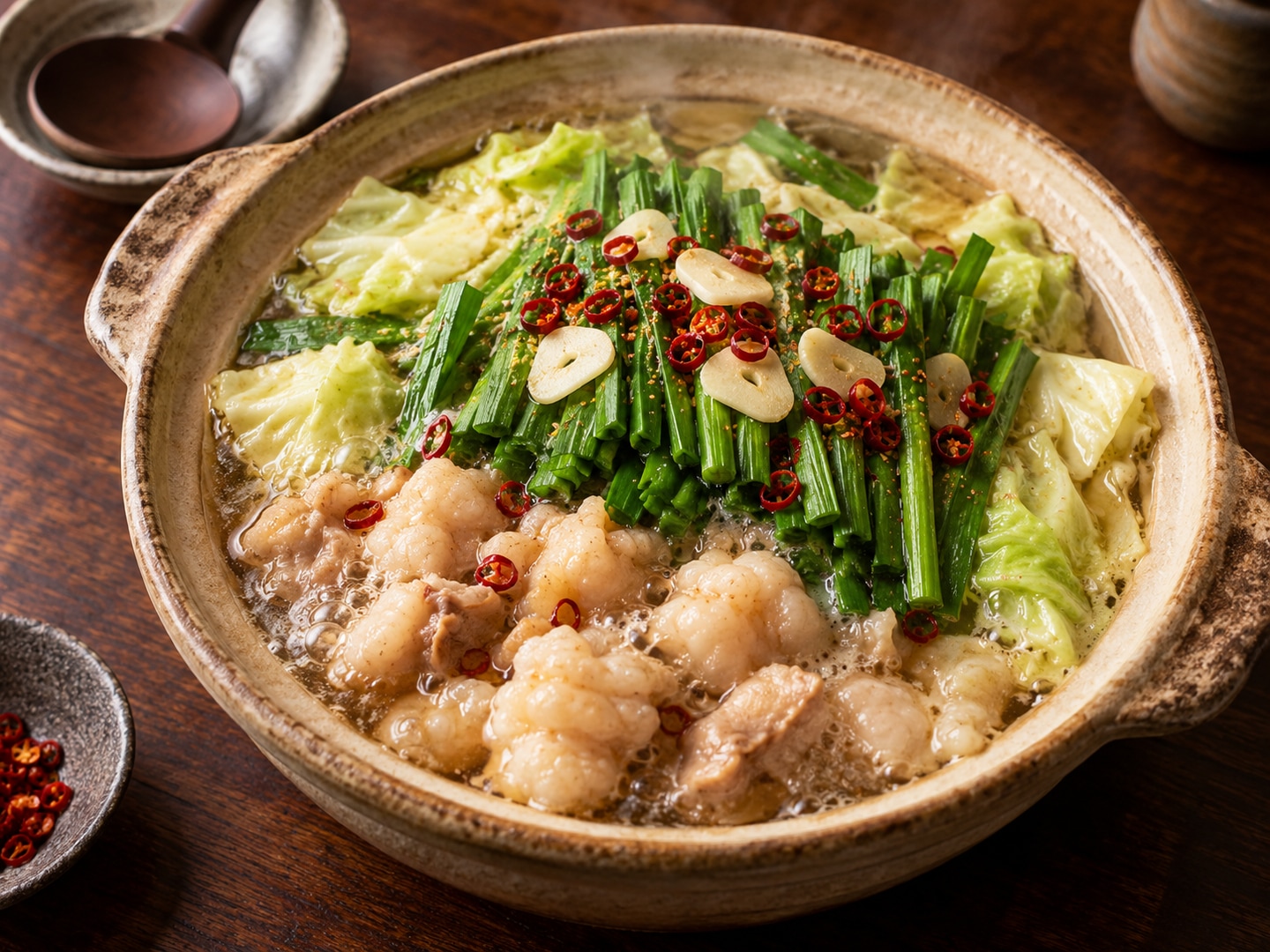 Illustration of Japanese beef offal hotpot cabbage garlic chives garlic chili