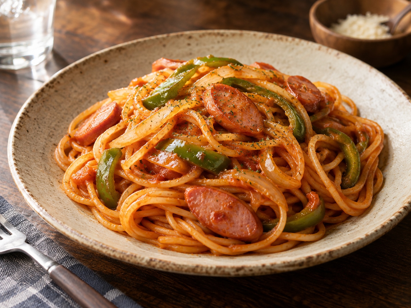 Illustration of Japanese ketchup spaghetti with sausage green pepper onion