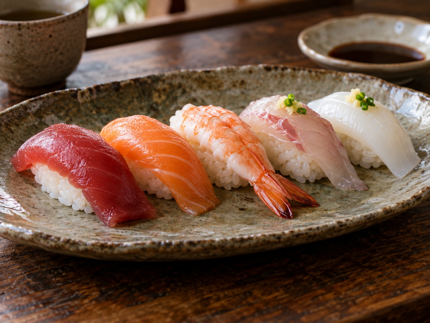 Illustration of five natural hand formed nigiri tuna salmon shrimp white fish squid