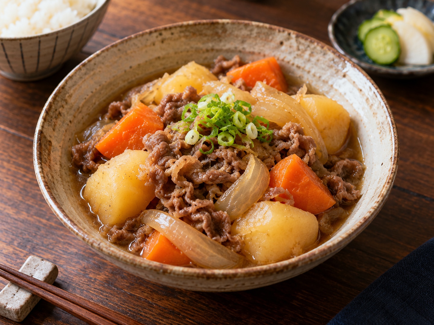 Illustration of Japanese simmered potato beef carrot onion stew in rustic bowl