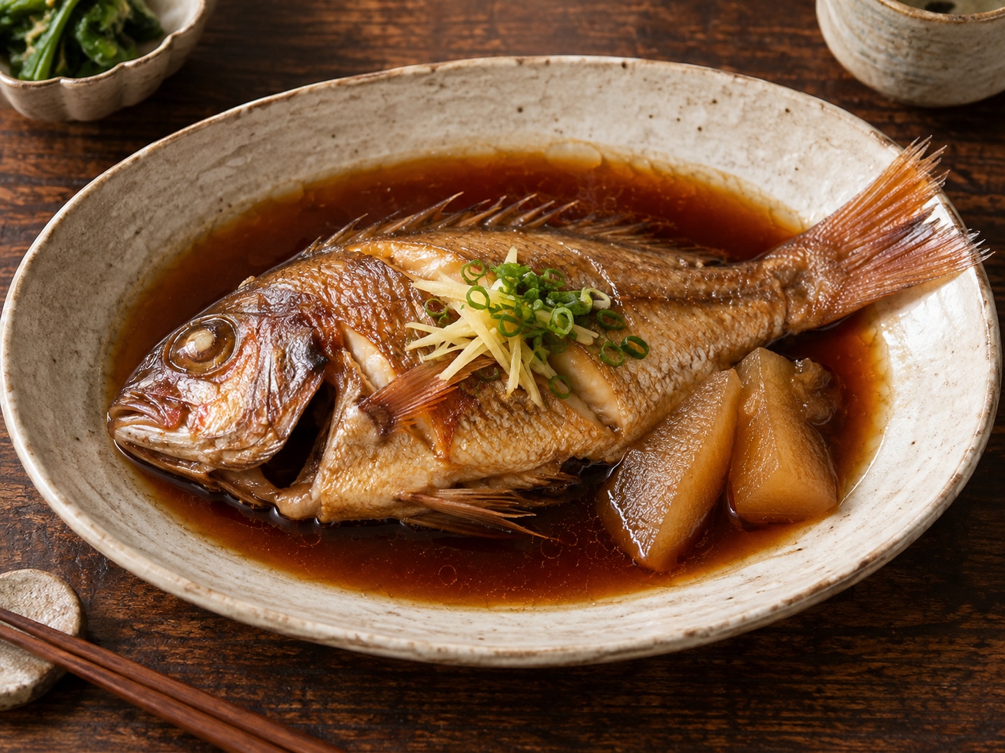 Illustration of whole small cooked fish simmered in soy ginger broth on oval plate