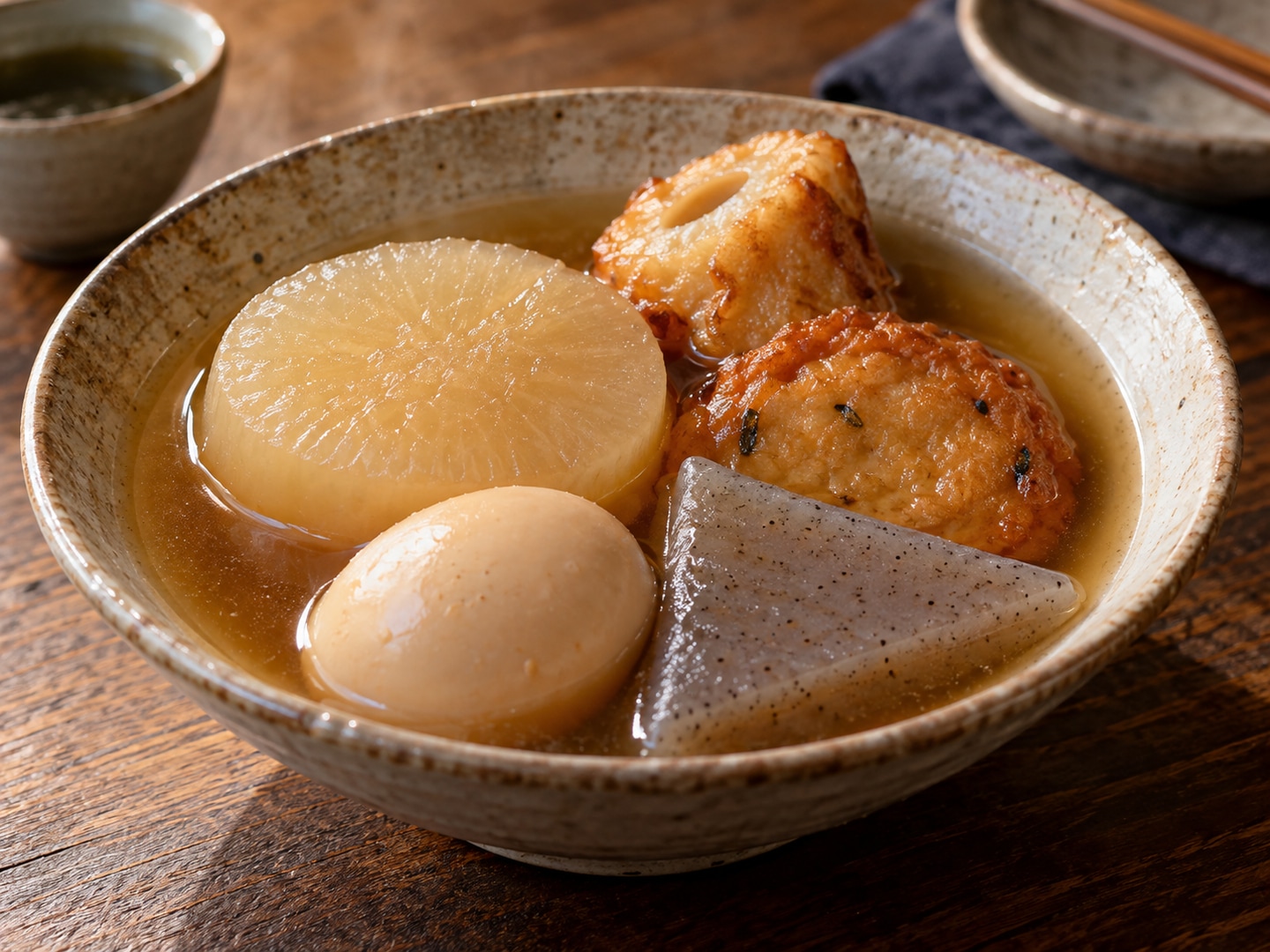 Illustration of daikon egg fish cakes konjac simmering in clear amber broth