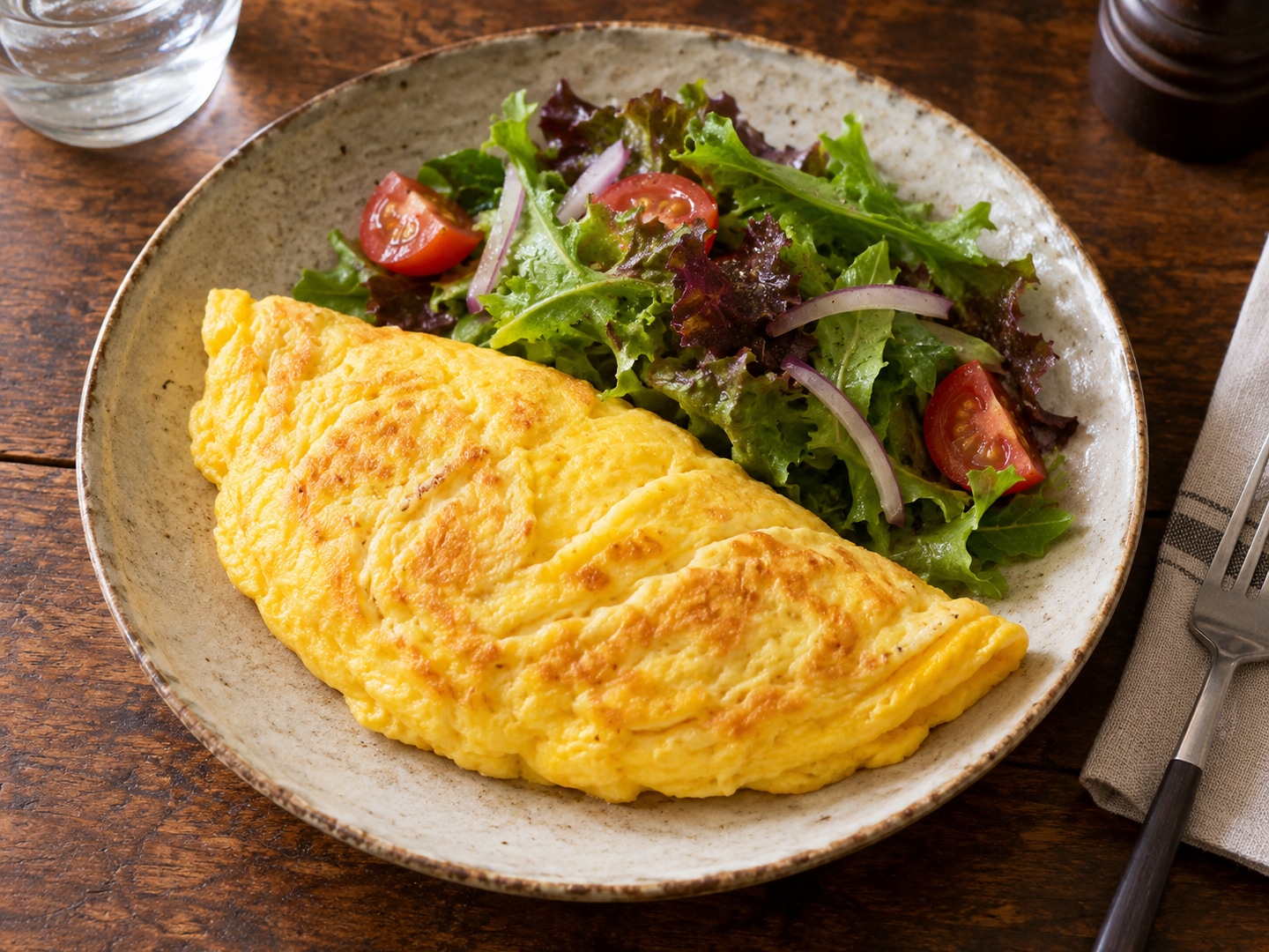 Illustration of soft folded yellow plain omelette light browned edges salad