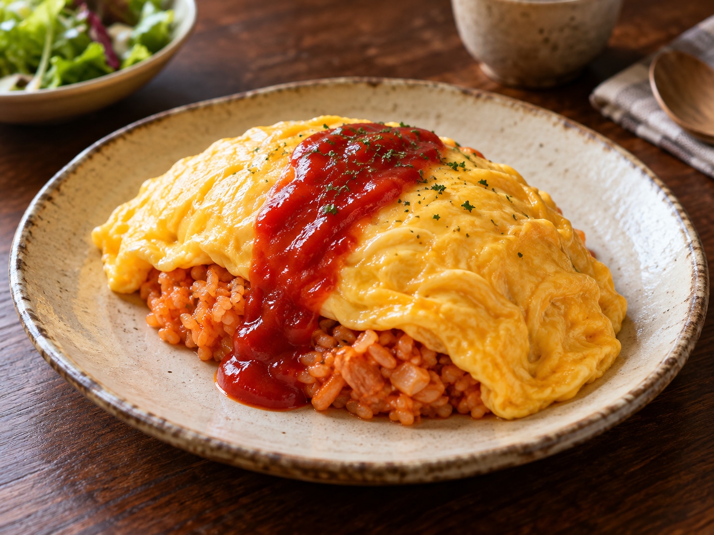 Illustration of soft yellow omelette over ketchup rice with small ketchup drizzle