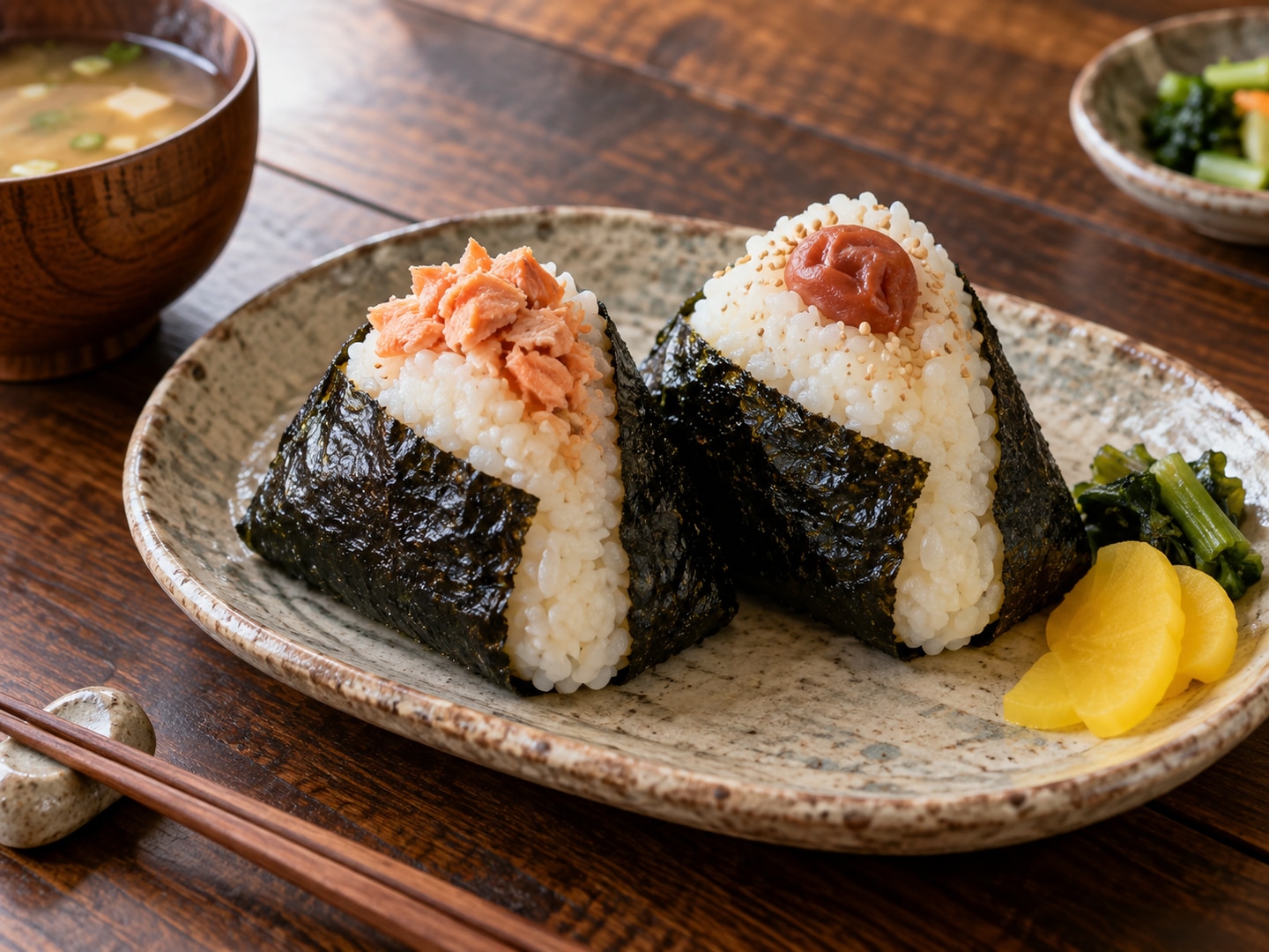 Illustration of two hand shaped rice triangles wrapped partly in crisp nori